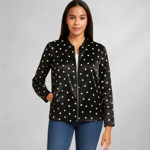 ELLE Womens Bomber M  Black Polka Dot Jacket Size M Long Sleeve Zip